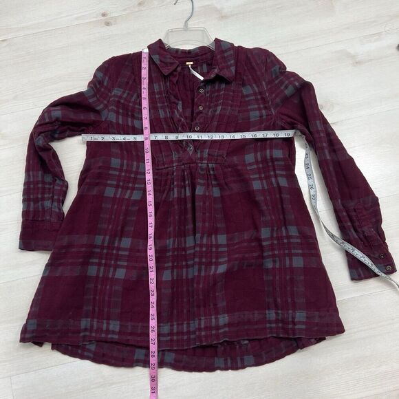 Free People Baby Blues Plaid Tunic Top Small Flannel Burgundy Pockets - Picture 12 of 16